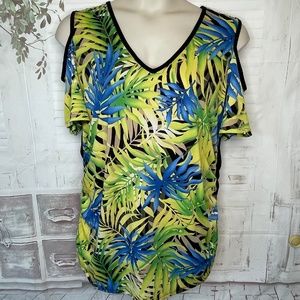 Ashley Stewart Womens Palm Leaves Black Cold Shoulder Top Plus Sz. 22 24 USED